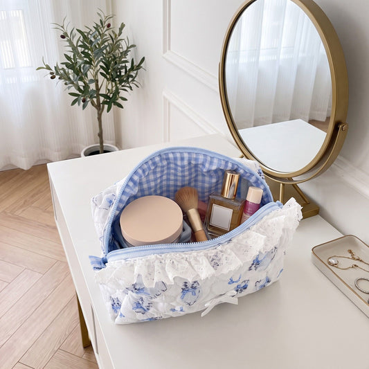 Womens Quilted Ruffle Makeup Bag with Blue Print Cosmetic Pouch