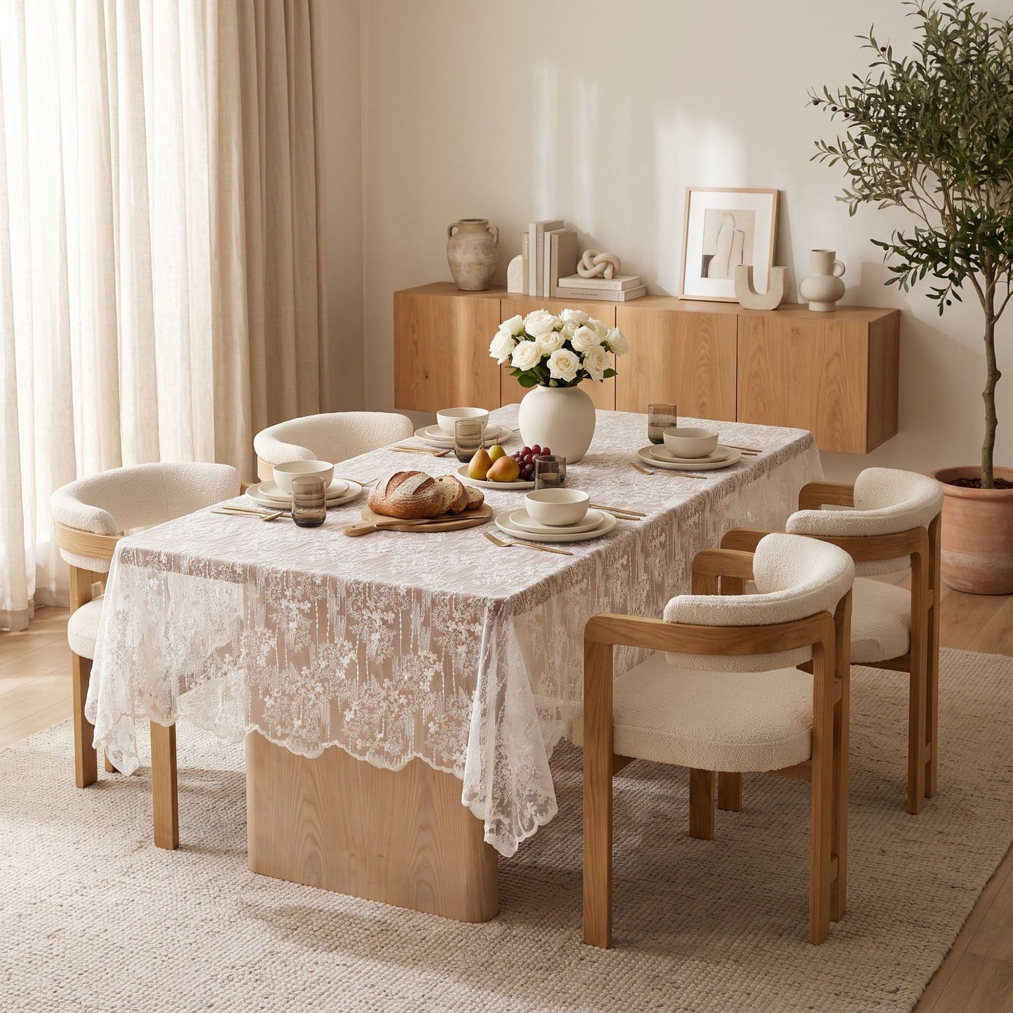 White Floral Embroidered Lace Square Tablecloth 51.2x51.2in