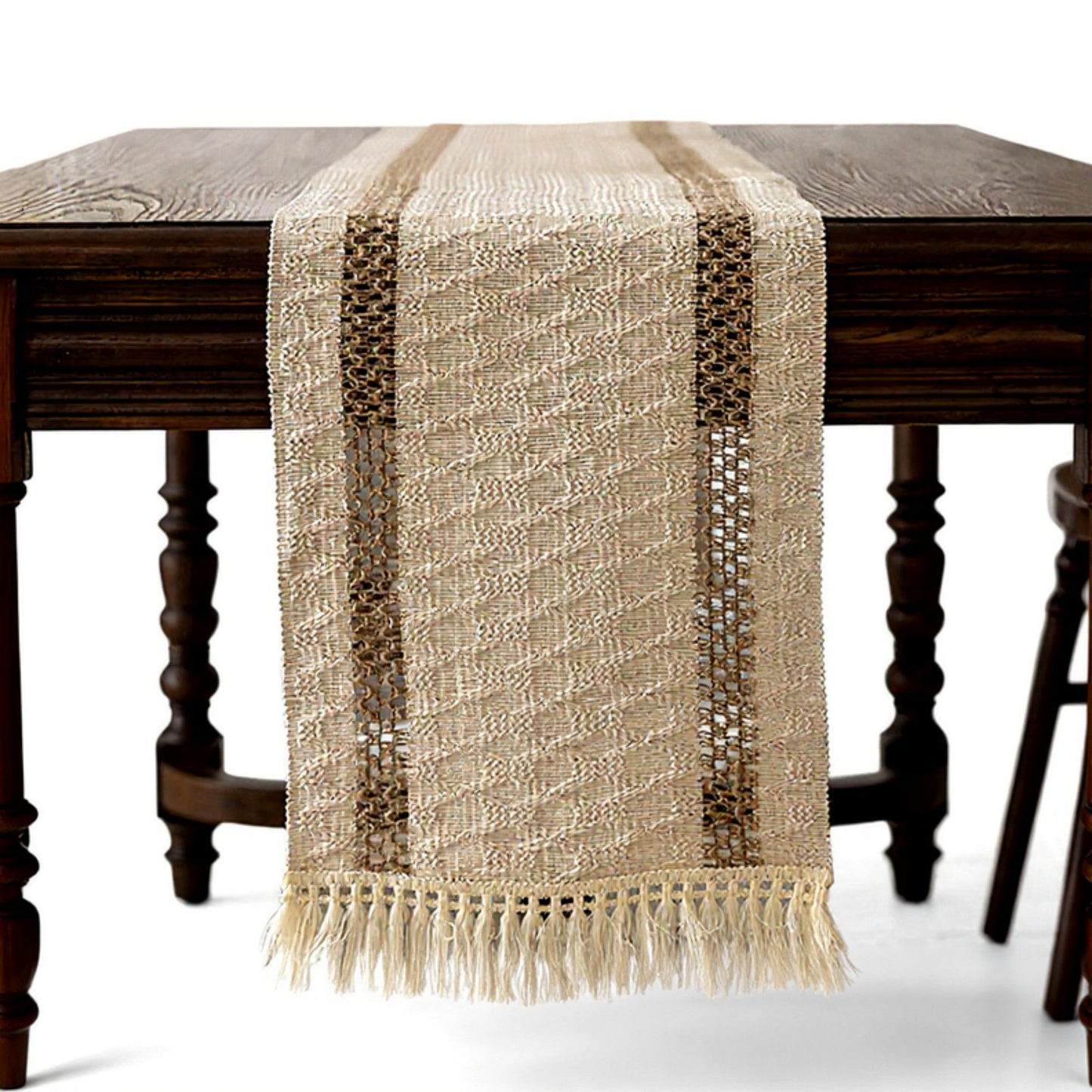 Textured Woven Table Runner with Fringe Trim and Neutral Stripe Pattern 47x11.8 in