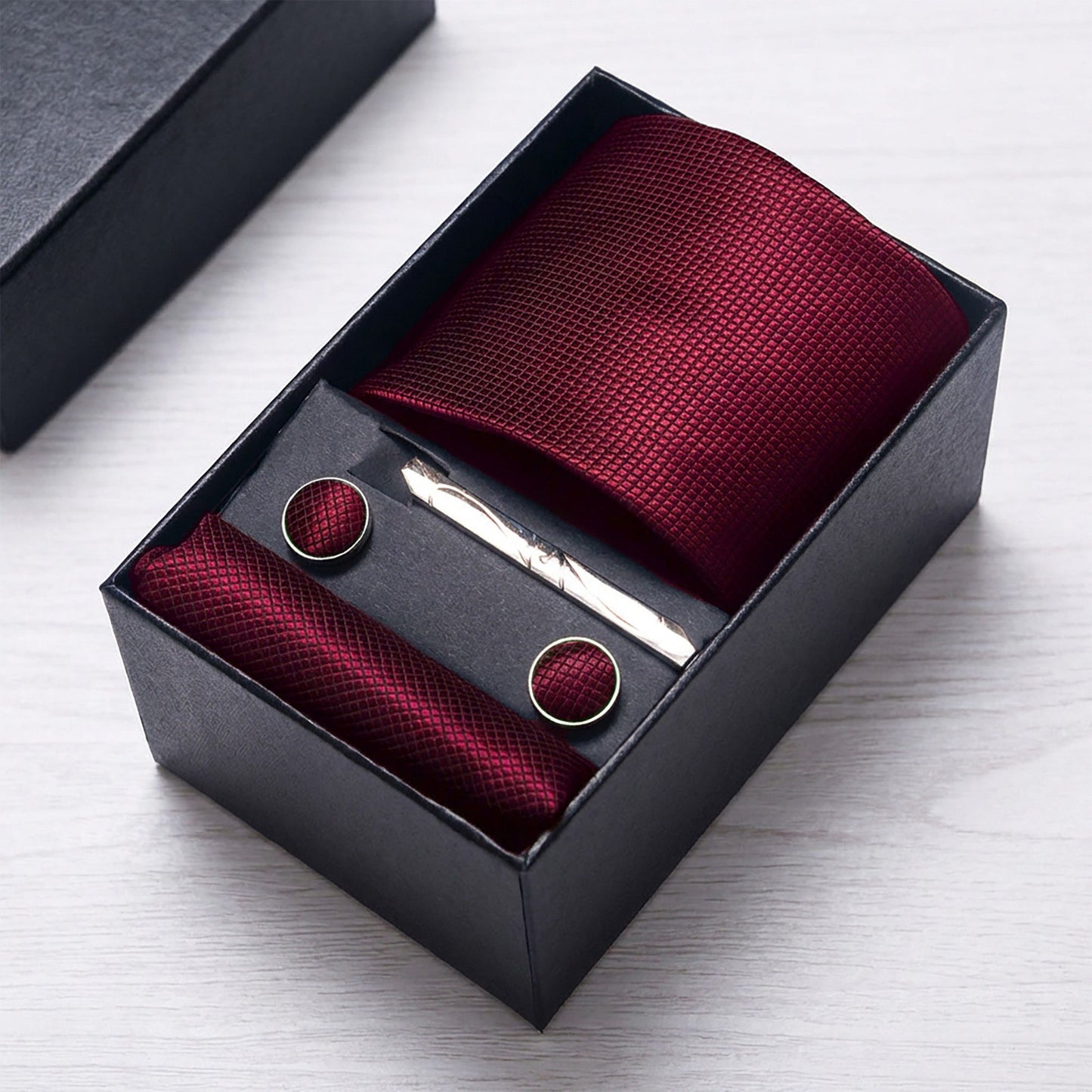 Men's Diamond Grid Pattern Tie Gift Set Necktie Pocket Square Cufflinks Tie Clip Formal Accessory Set