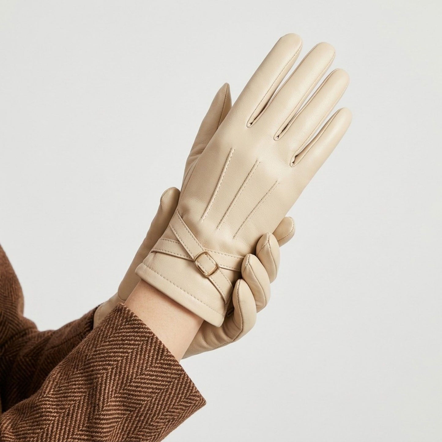 Faux Leather Winter Gloves with Crisscross Wrist Strap and Full Finger Design 9.4 x 3.3in