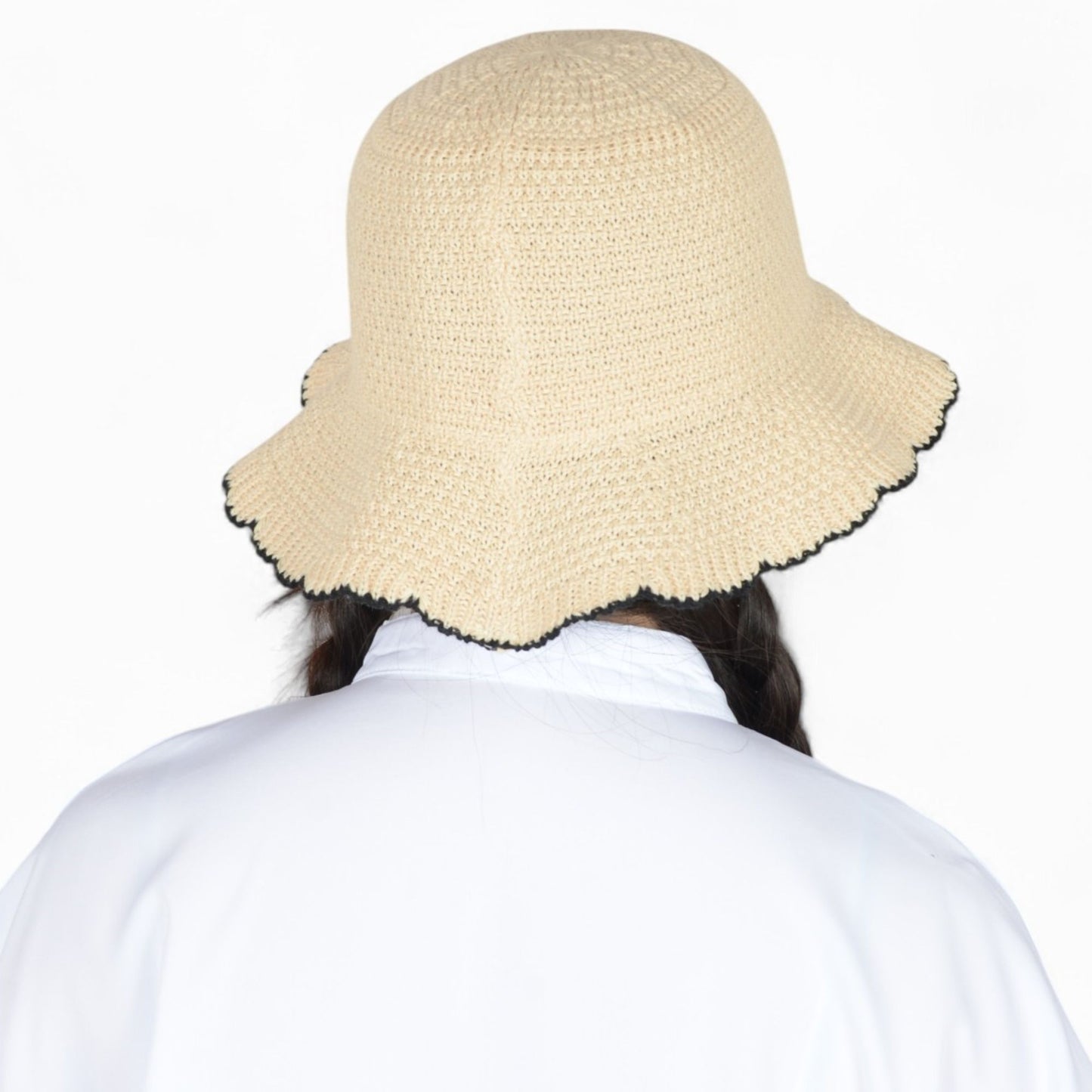 Women's Woven Floppy Bucket Hat with Scalloped Brim Edge Detail