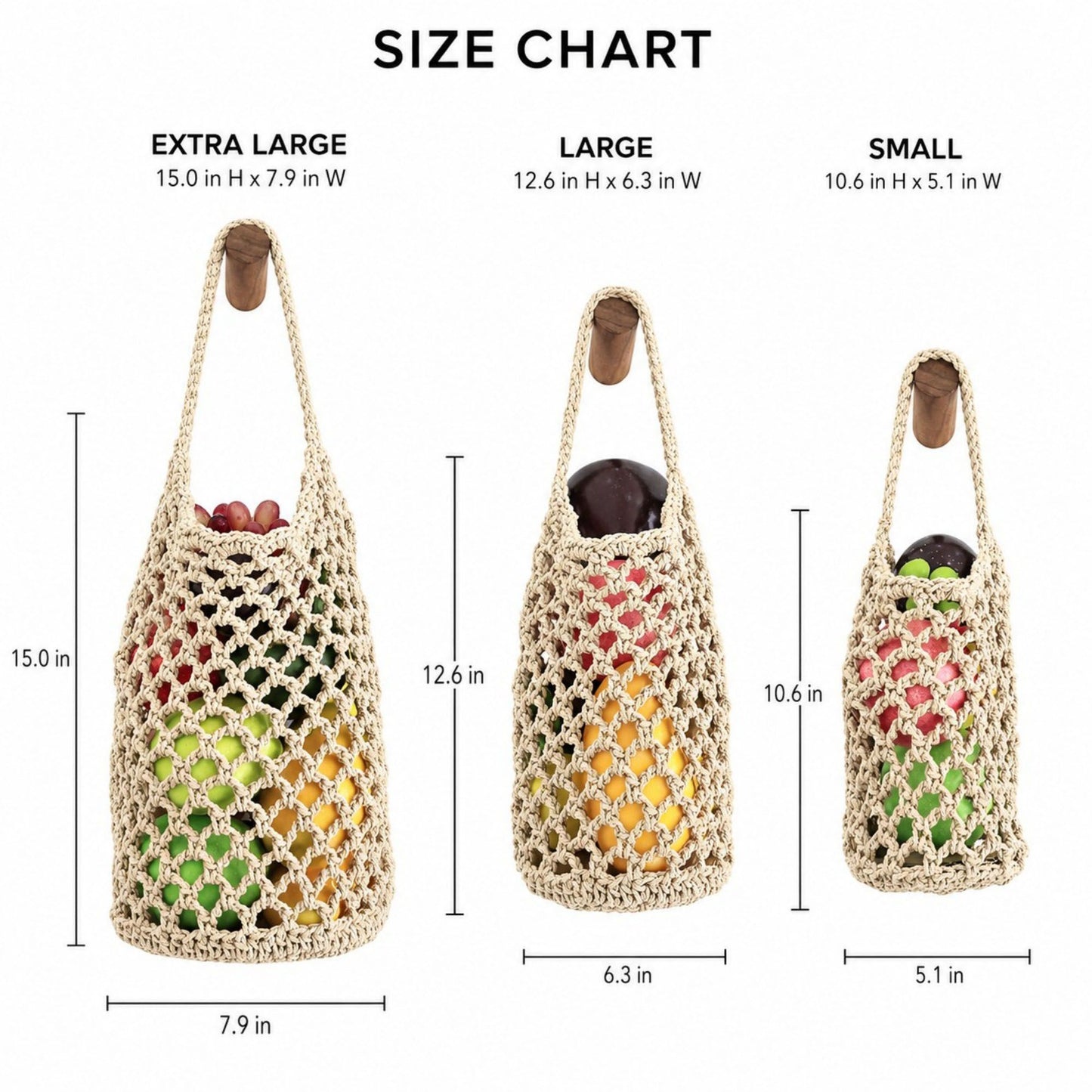 Macrame Hanging Produce Basket Set Woven Cotton Rope Storage Organizer