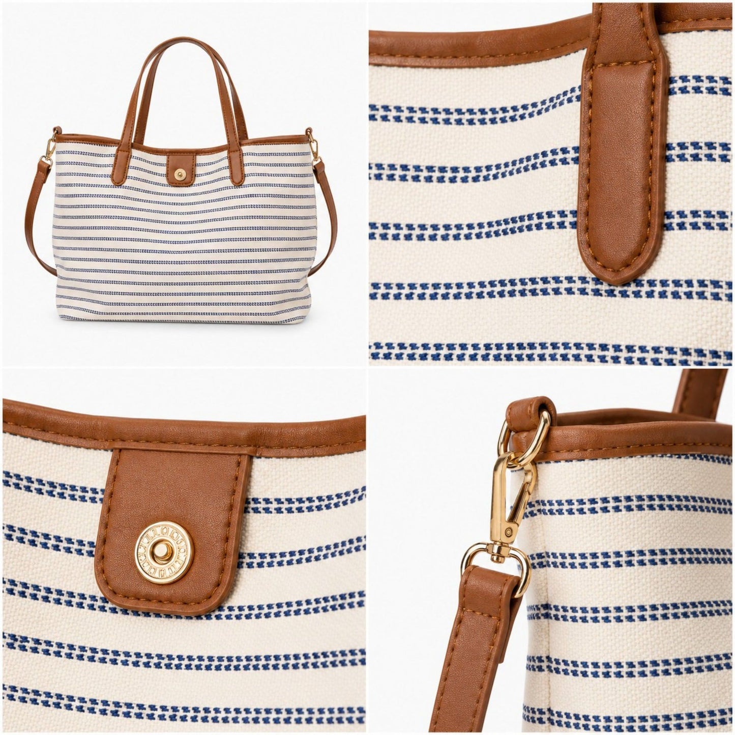 Striped Canvas Tote Bag with Faux Leather Trim and Large Capacity