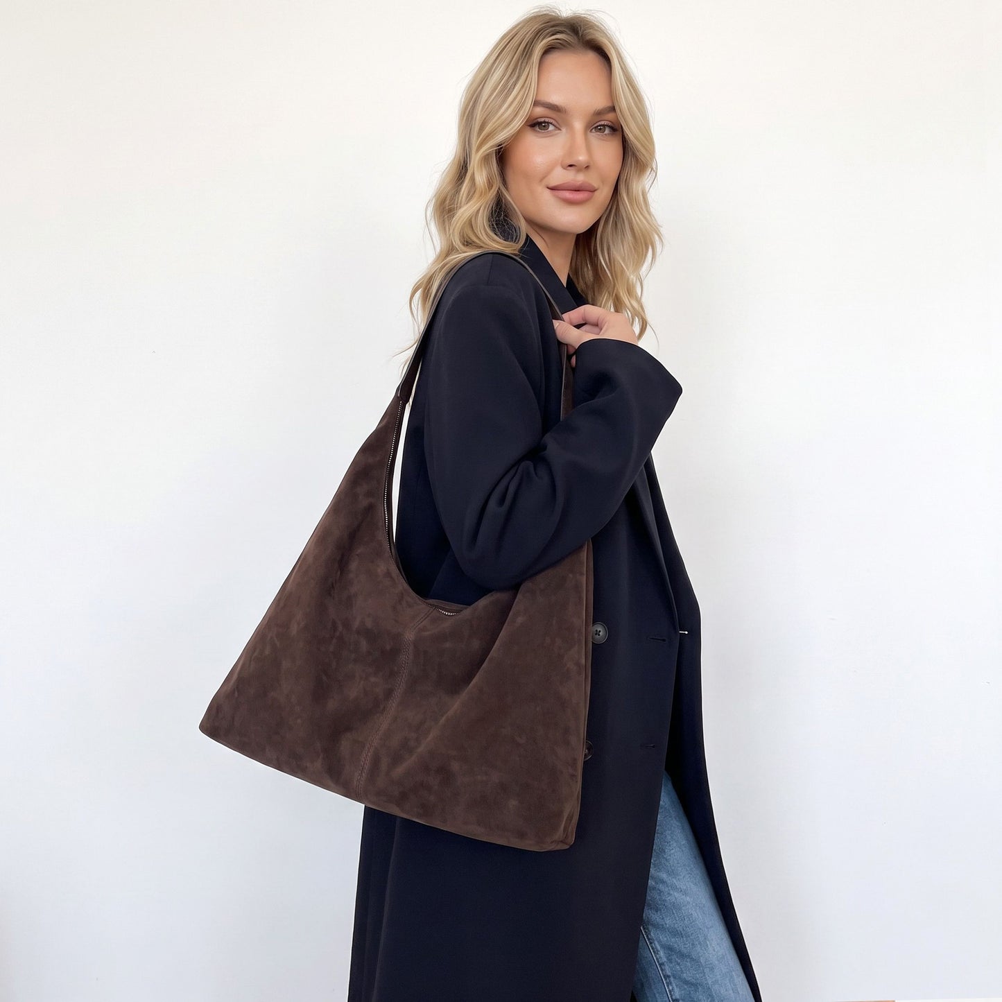 Slouchy Faux Suede Hobo Shoulder Bag with Zip Closure and Wide Strap