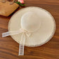 Wide Brim Sun Hat with Lace Bow and Pearl Trim