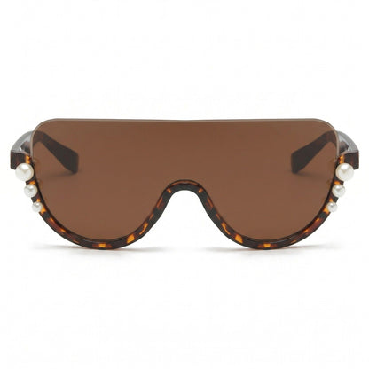Oversized Square Half Frame Sunglasses with Pearl Accent Design for Fashion-Forward Look