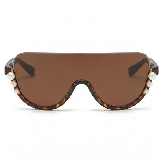 Oversized Square Half Frame Sunglasses with Pearl Accent Design for Fashion-Forward Look