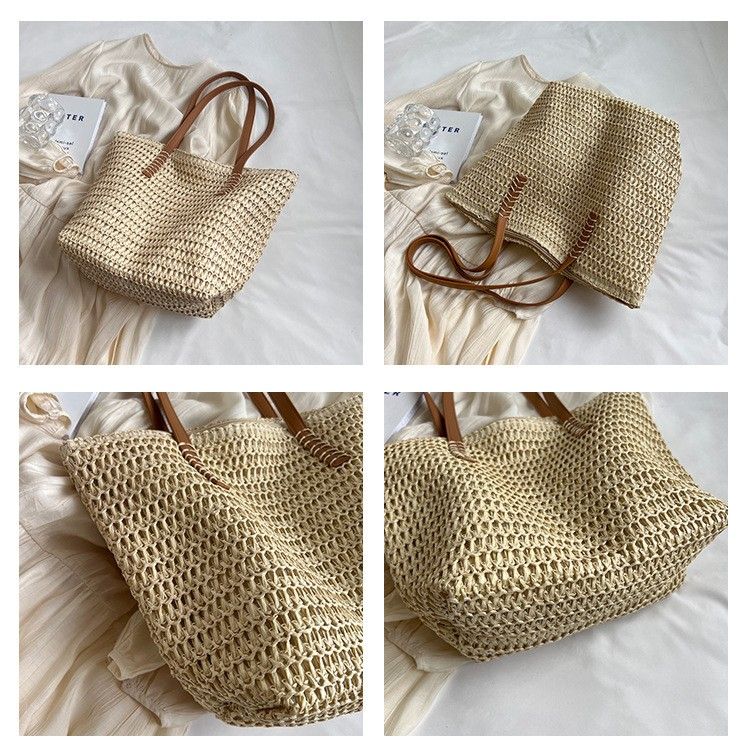 Woven Straw Tote Bag with Leather Shoulder Straps Lightweight Crochet Knit Large Capacity Bag