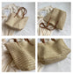 Woven Straw Tote Bag with Leather Shoulder Straps Lightweight Crochet Knit Large Capacity Bag