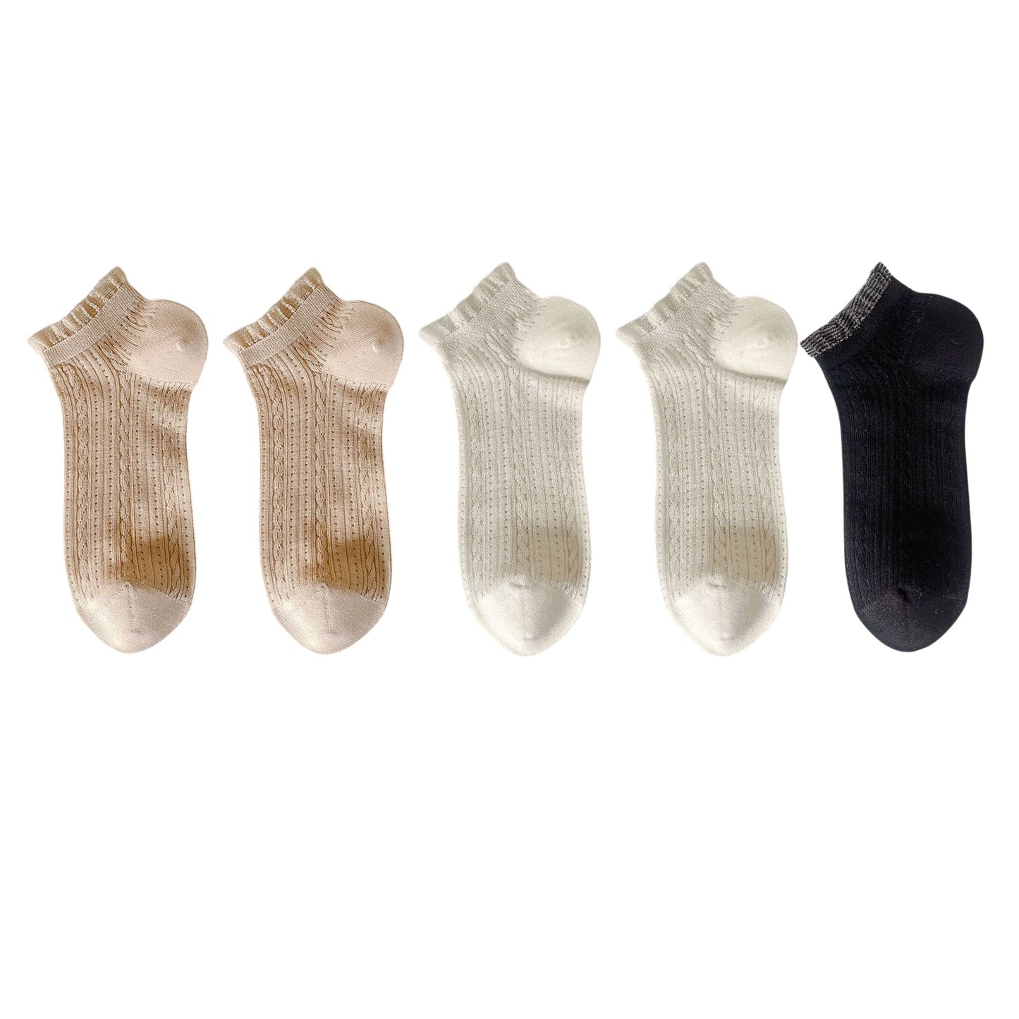 5 Pairs Ruffle Cuff Lace Knit Ankle Socks Breathable Soft Stretch Fabric with Multiple Color Options