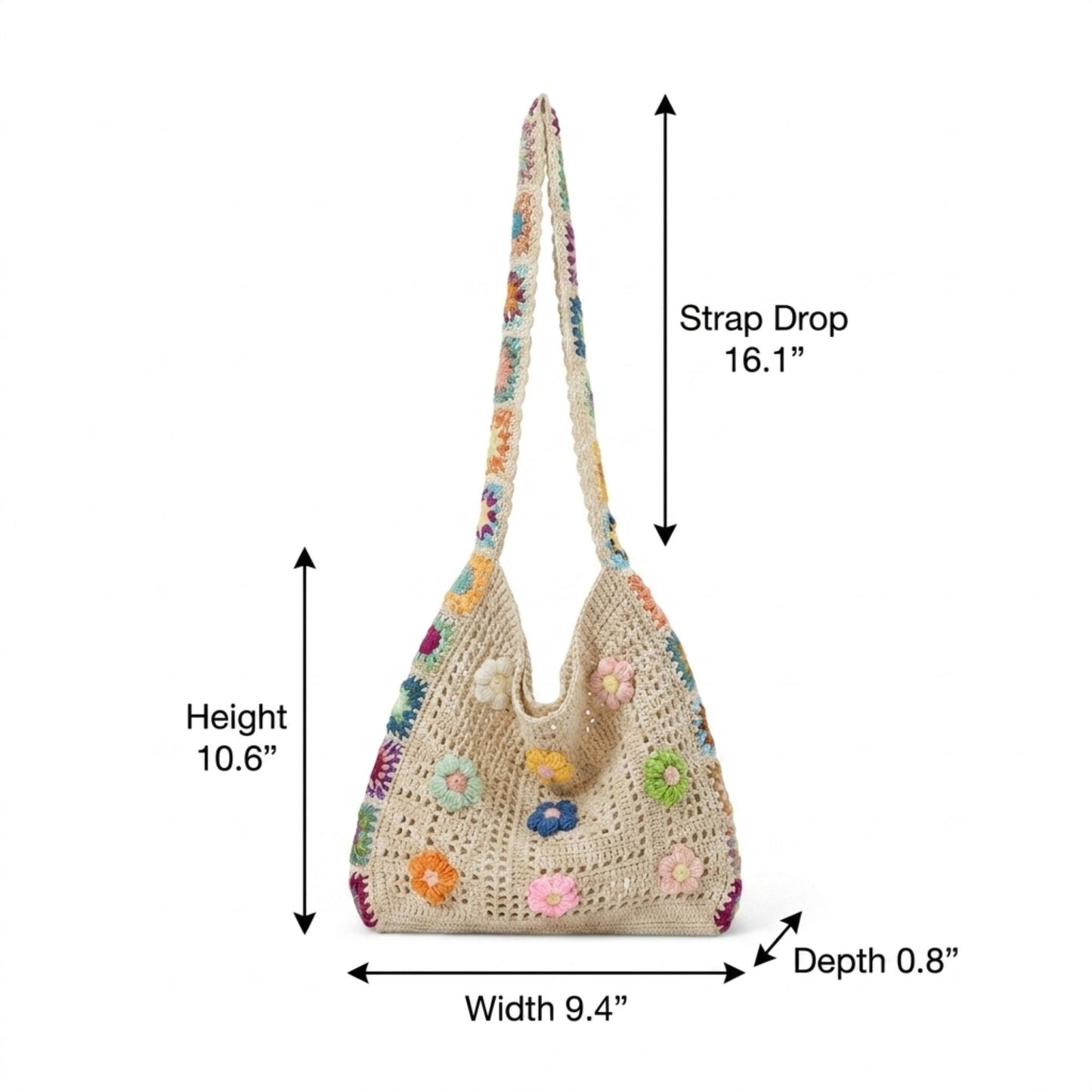 Crochet Shoulder Bag with Flower Applique and Wide Strap