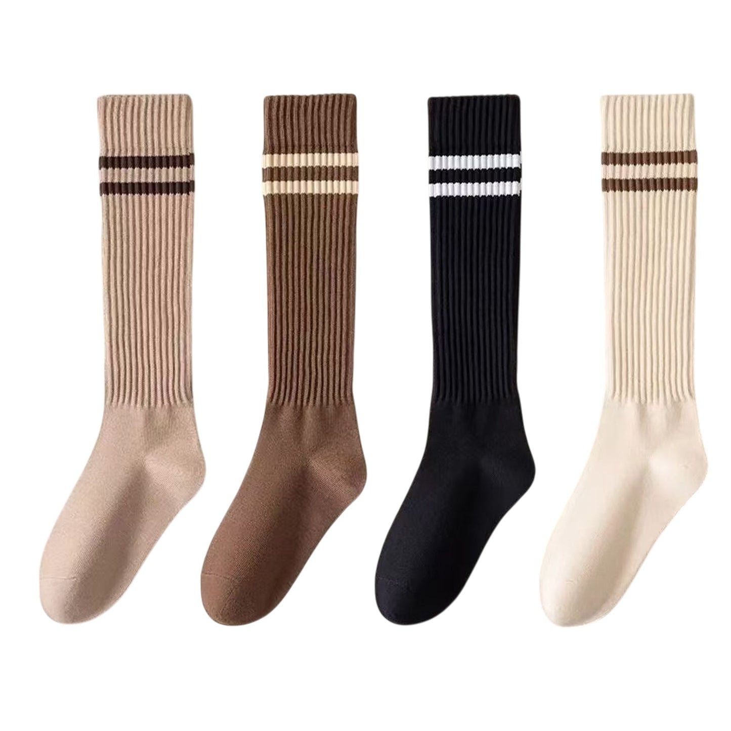 4-Pair Set Ribbed Knee-High Socks with Striped Detail Slim Fit Stretch Design for Casual Outfits