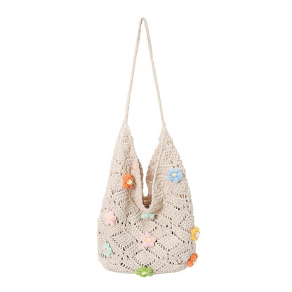 Women's Crochet Woven Shoulder Bag with Floral Applique Open Knit Hobo Design