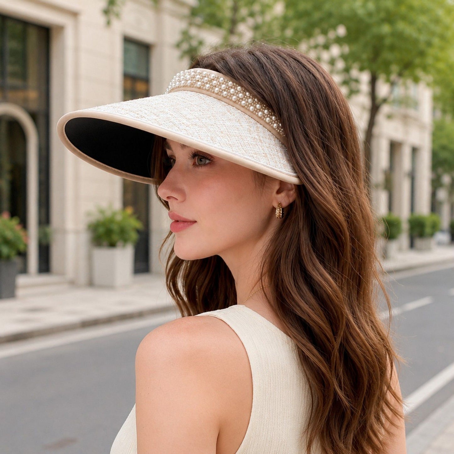 Wide Brim Visor Hat with Faux Pearl Embellished Band and Open Top Design