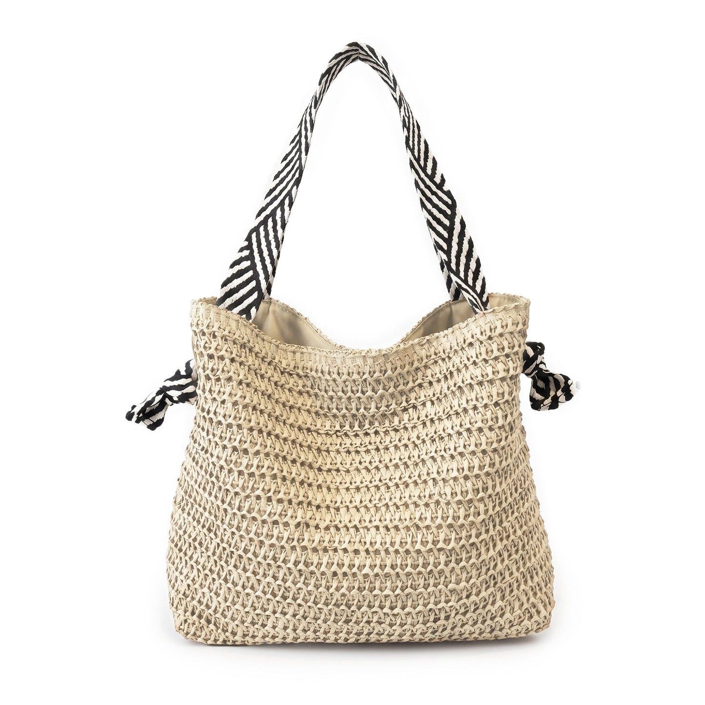 Woven Crochet Tote Bag with Drawstring Detail and Pattern Strap Shoulder Handbag Lightweight Knit Bag