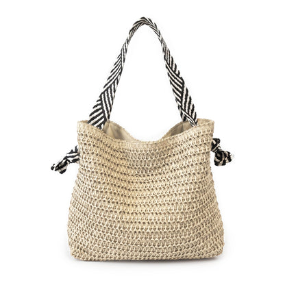 Woven Crochet Tote Bag with Drawstring Detail and Pattern Strap Shoulder Handbag Lightweight Knit Bag