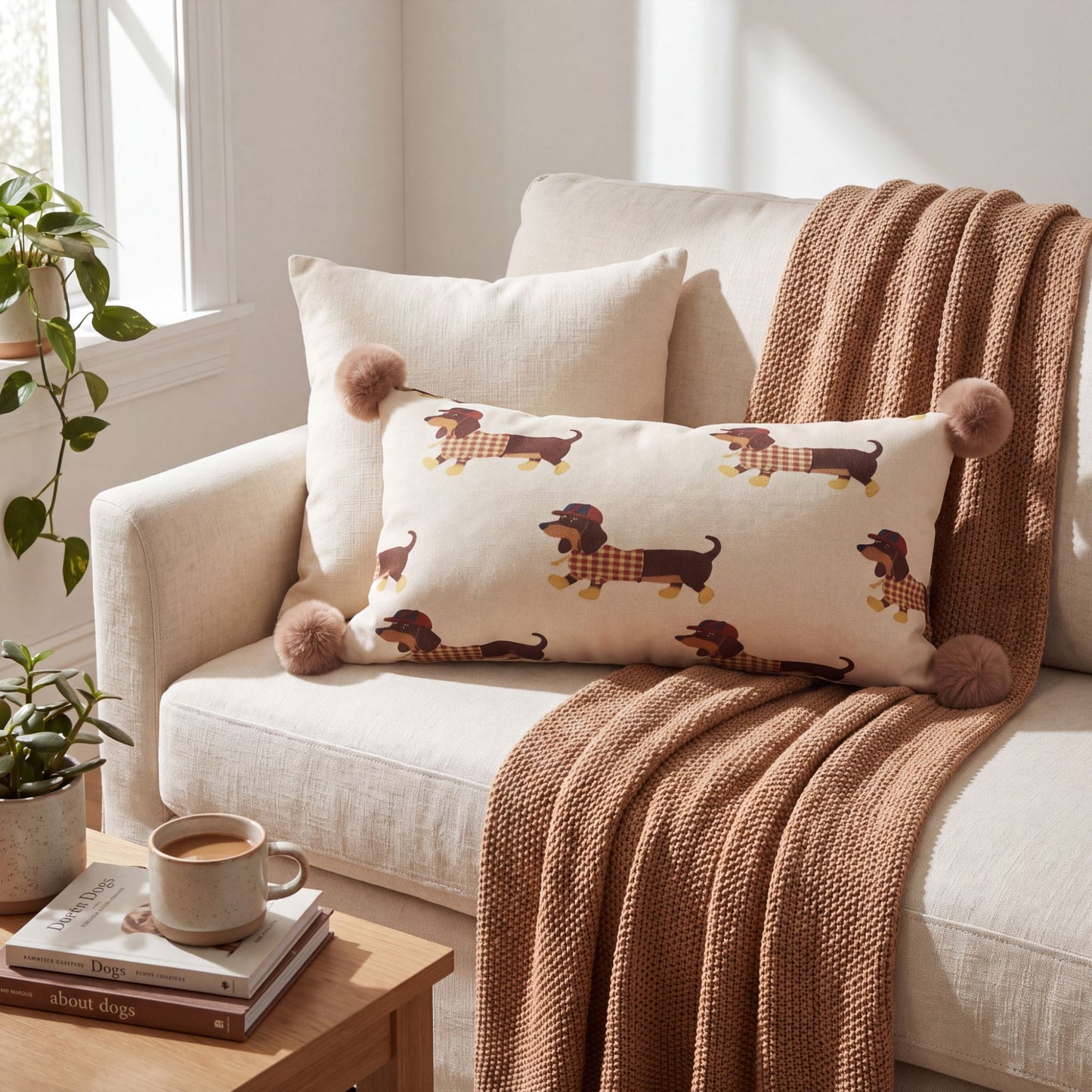 Dachshund Dog Print Decorative Throw Pillow Cover with Pom Pom Corners and Hidden Zipper