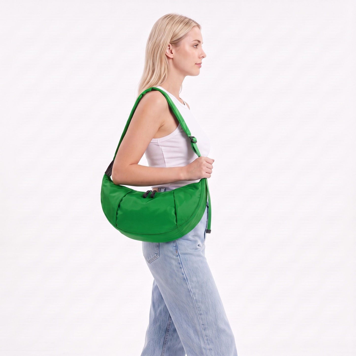 Nylon Crescent Shoulder Bag with Adjustable Strap and Double Zip Closure