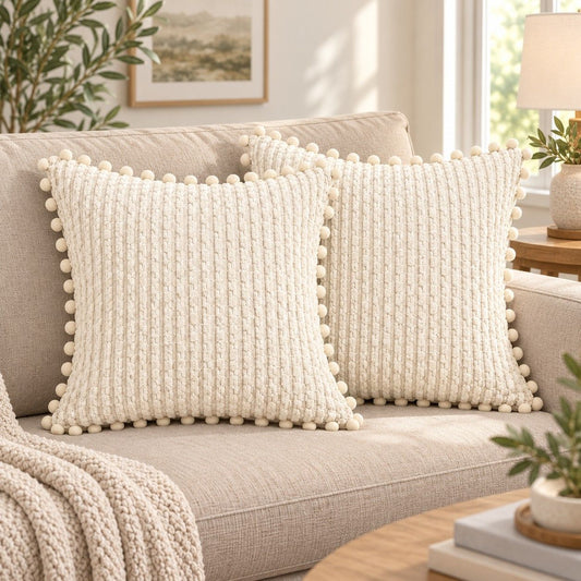 2 Pack Double Sided Corduroy Throw Pillow Covers 18 x 18 Inch with Pom Pom Trim