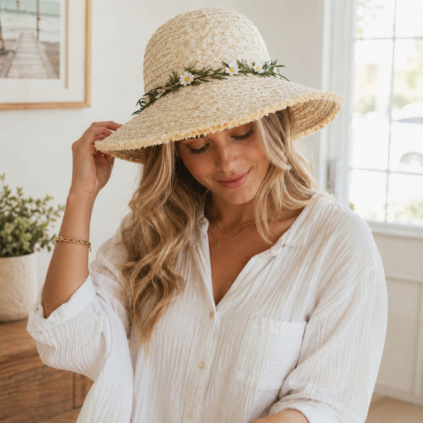 Summer Sun Hat for Women - Straw Beach Hat with Floral Embellishment