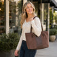 Faux Suede Tote Bag with Double Shoulder Handles Zip Closure and Interior Pockets