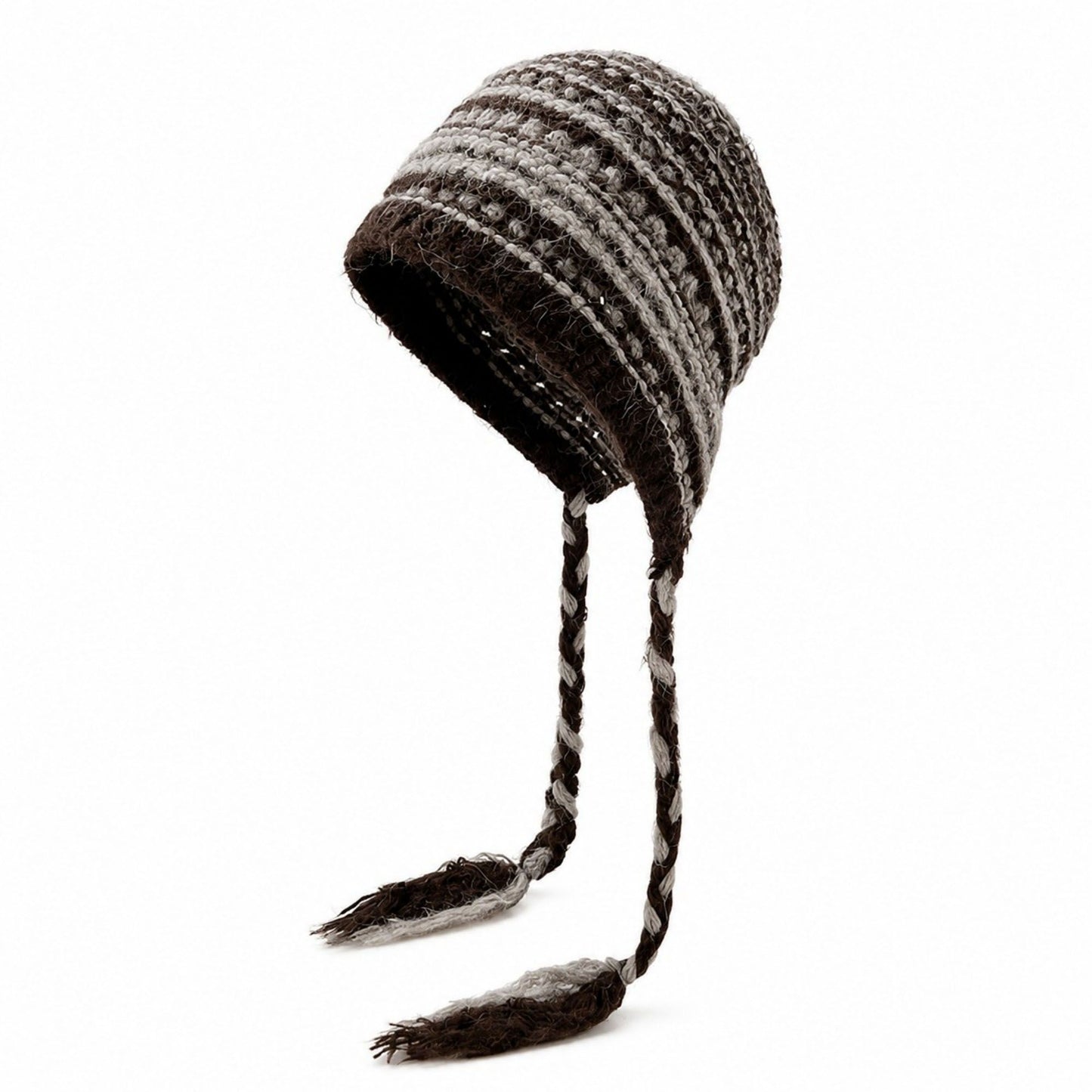 Patterned Knit Beanie with Braided Tassels