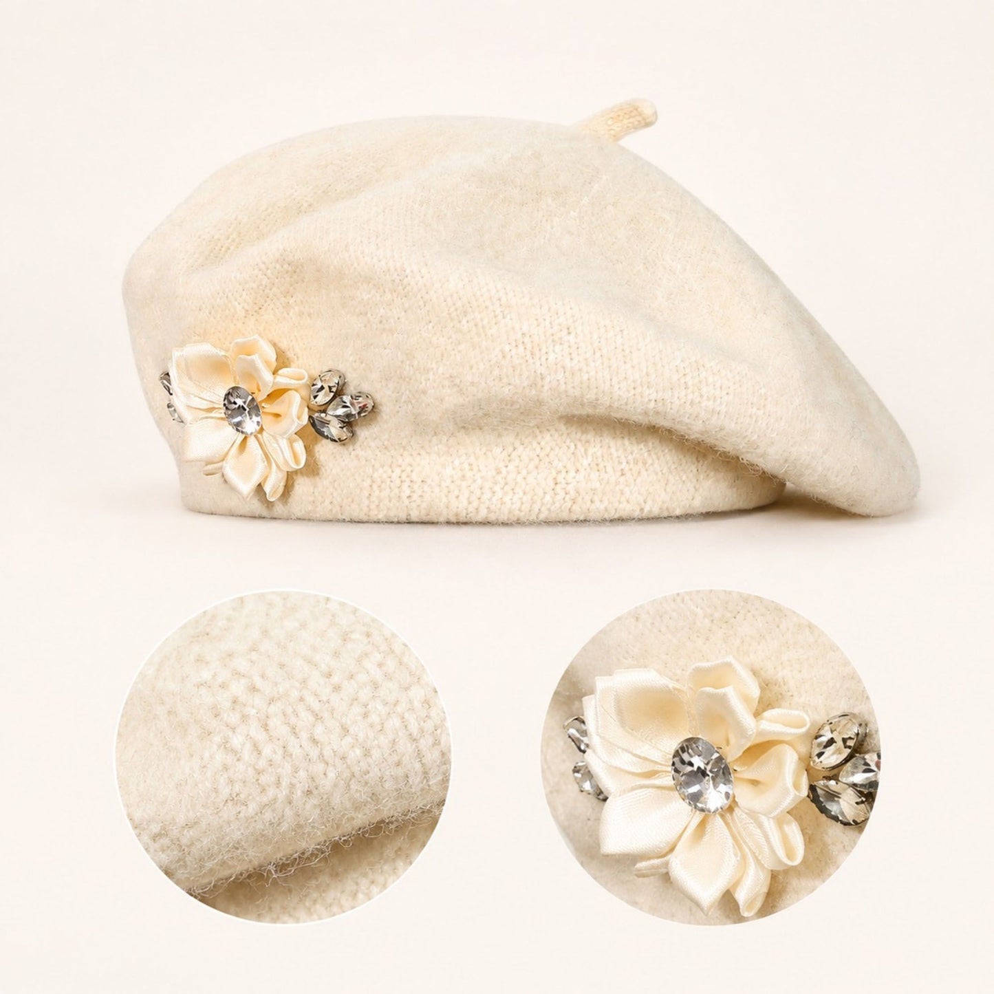 Rhinestone & Flower Embellished Knit Wool Beret