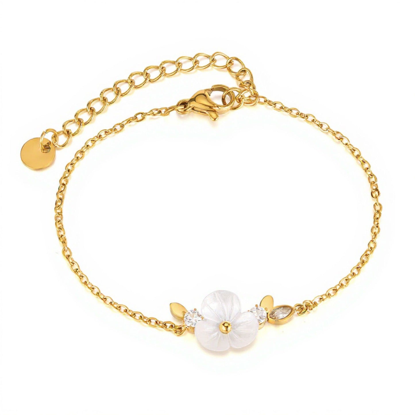 Women's Delicate Floral Charm Bracelet with Gold Tone Chain and Petite Mother-of-Pearl Style Flower Accents