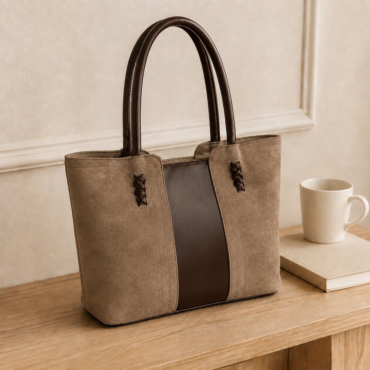 Faux Suede Tote Bag with Double Shoulder Handles Zip Closure and Interior Pockets