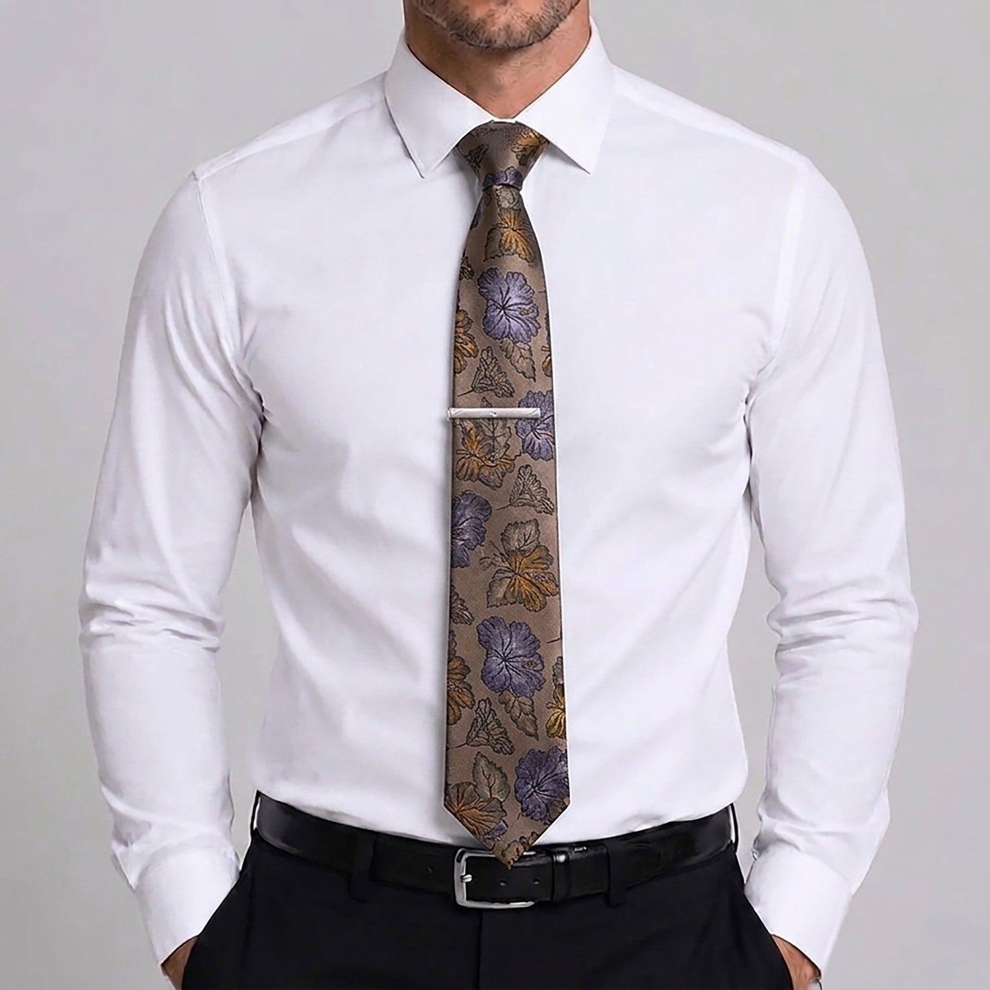 Men's Floral Pattern Tie Gift Set with Matching Pocket Square Cufflinks and Silver Tie Clip
