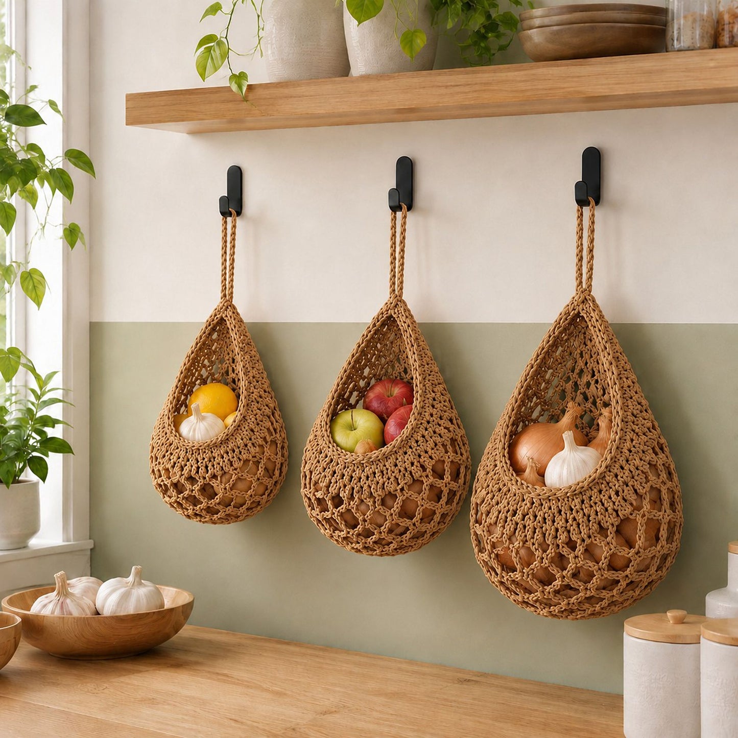 3pc Crochet Hanging Storage Basket Set Small Medium Large Wall Organizer Bins