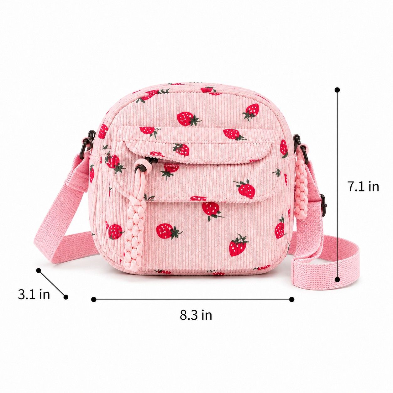 Strawberry Print Corduroy Crossbody Bag with Front Pocket and Adjustable Strap