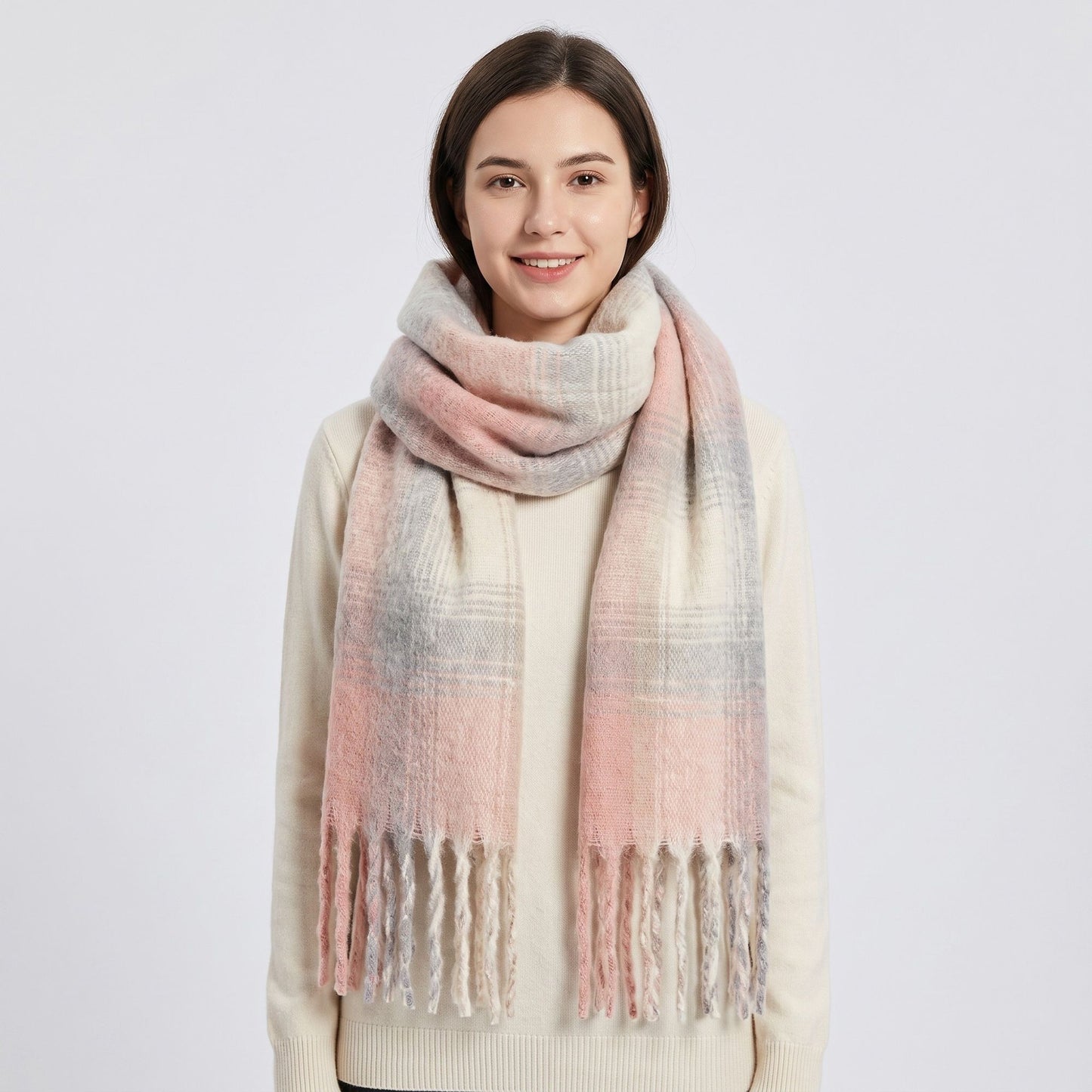 Oversized Plaid Scarf with Fringe Soft Brushed Winter Wrap