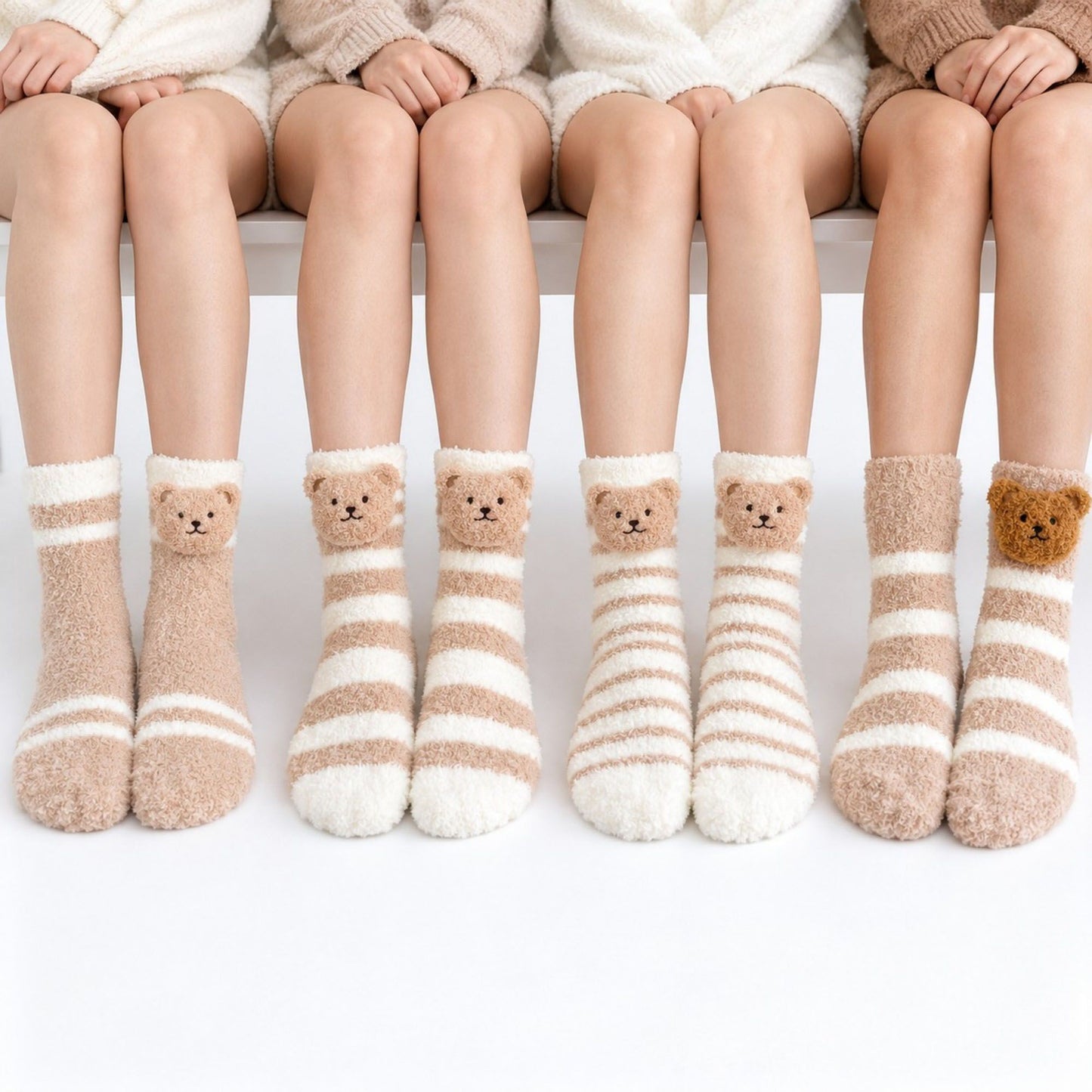 Bear Fuzzy Crew Socks 4-Pair Set US 5-10.5