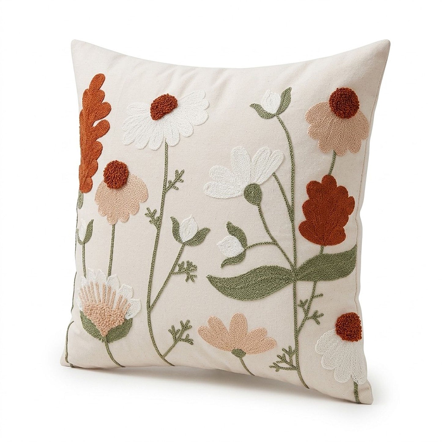 Embroidered Wildflower Square Decorative Throw Pillow Cover