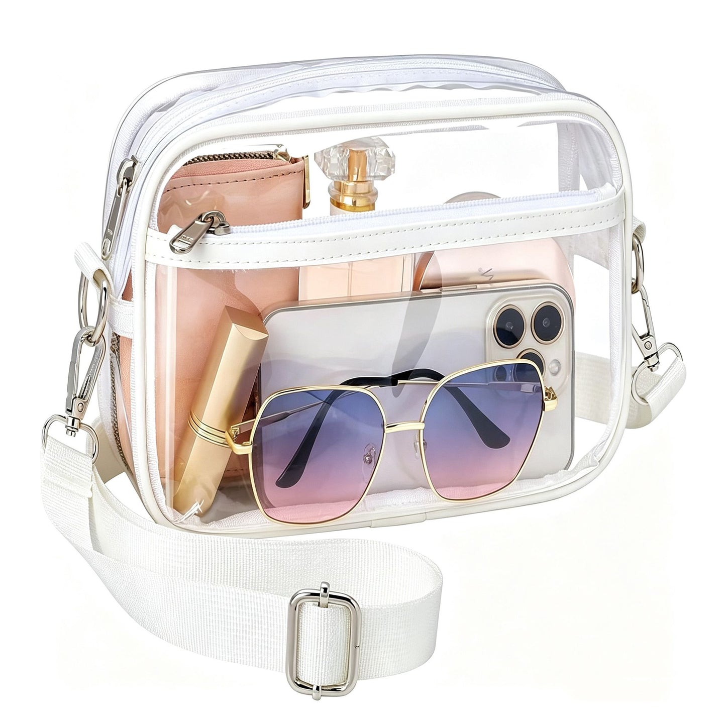 Clear Stadium Crossbody Bag with Front Pocket, Zipper Closure and Adjustable Removable Shoulder Strap