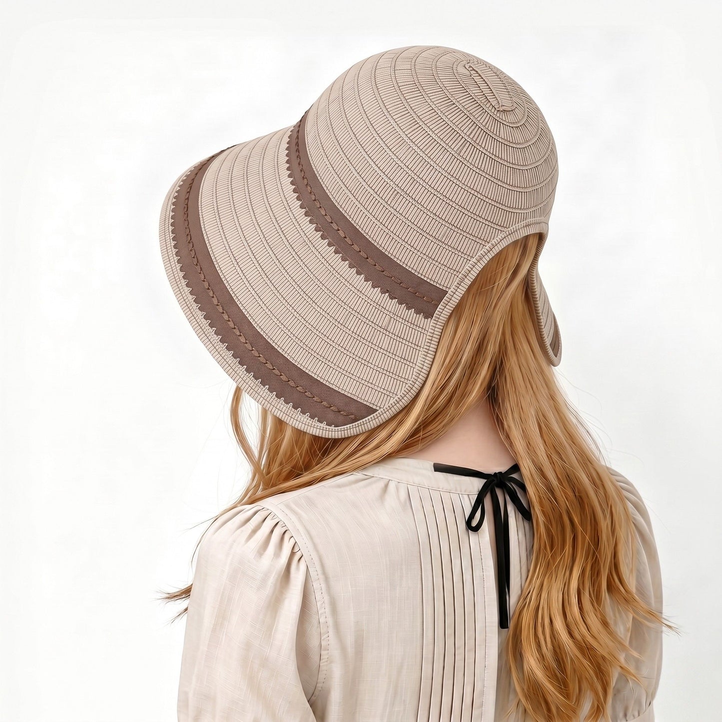 Striped Bucket Sun Hat Wide Brim Adjustable Chin Strap Packable Beach Hat