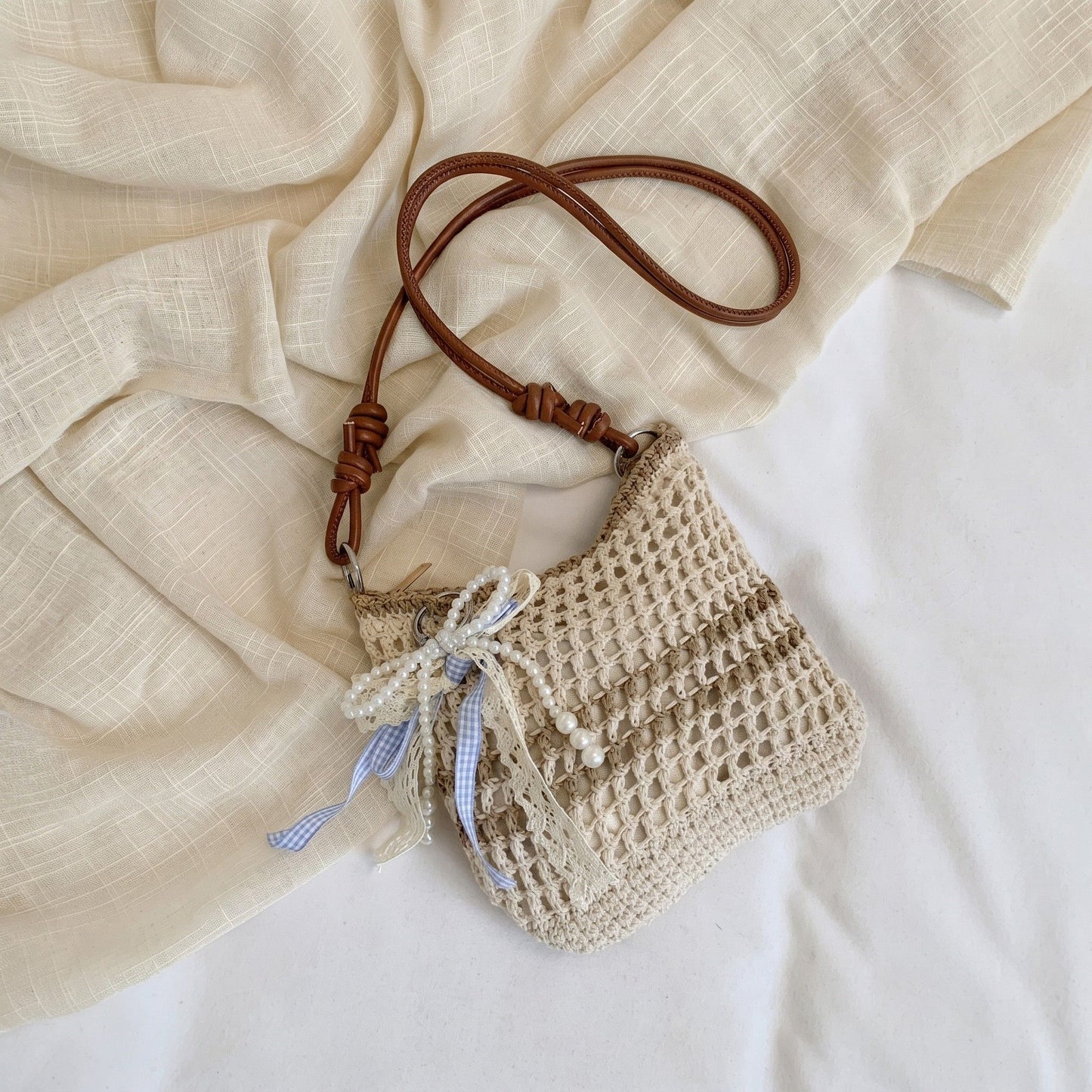 Decorative Woven Crossbody Bag with Pearl Charm, Scarf Accent and Zip Closure