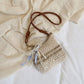 Decorative Woven Crossbody Bag with Pearl Charm, Scarf Accent and Zip Closure