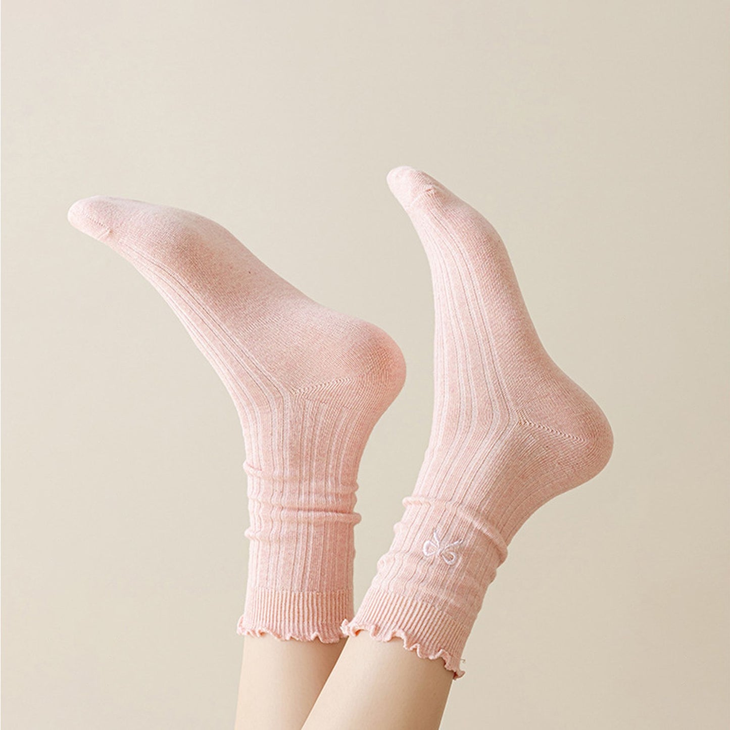 Summer Ribbed Ankle Socks with Bow Embroidery Casual 5Pk