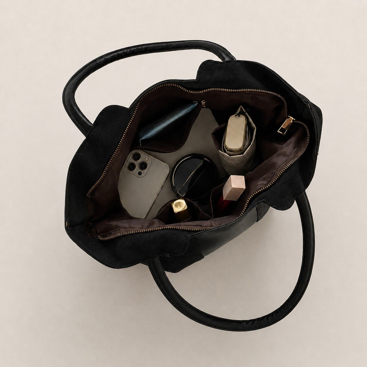 Faux Suede Tote Bag with Double Shoulder Handles Zip Closure and Interior Pockets