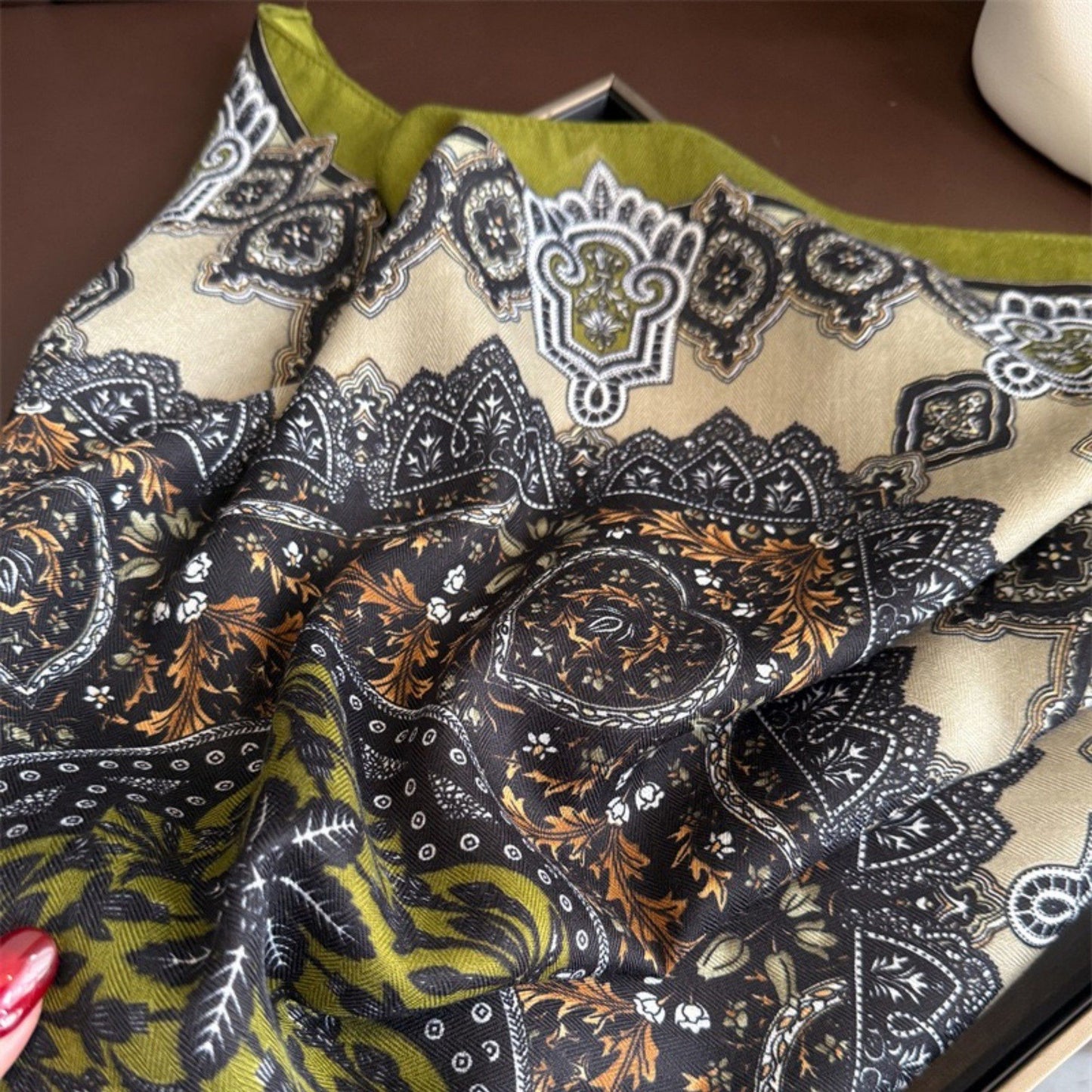 Ornate Paisley Medallion Print Square Scarf with Soft Lightweight Fabric and Decorative Border Detail 26.7x26.7in