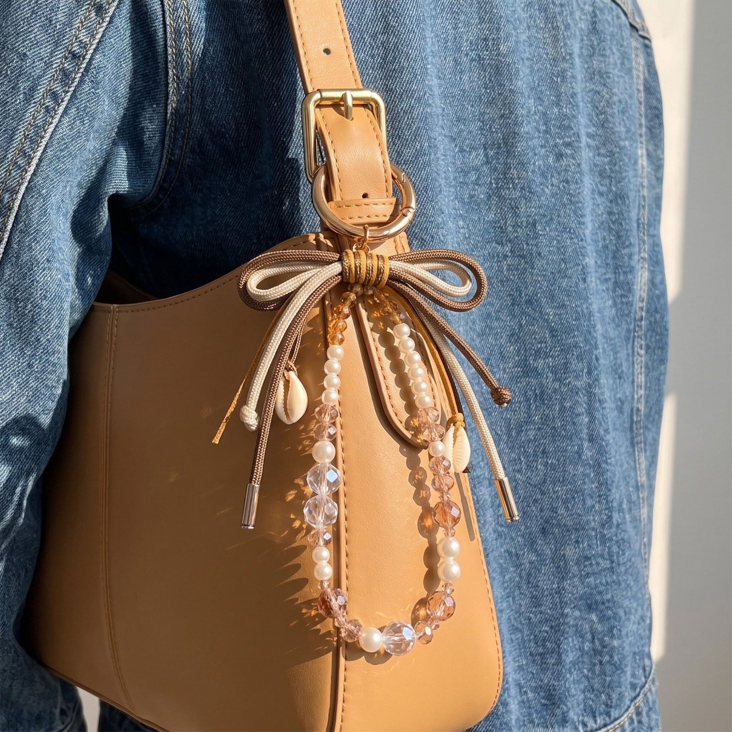 Beaded Bow Seashell Bag Charm Keychain