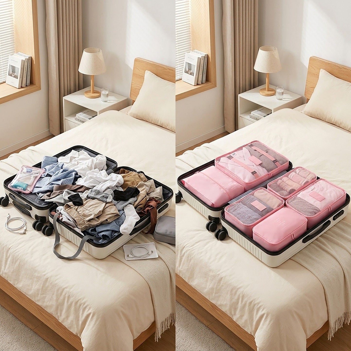 Travel Packing Organizer Set with Mesh Cubes Drawstring Bag Zipper Pouch Lightweight Storage Set