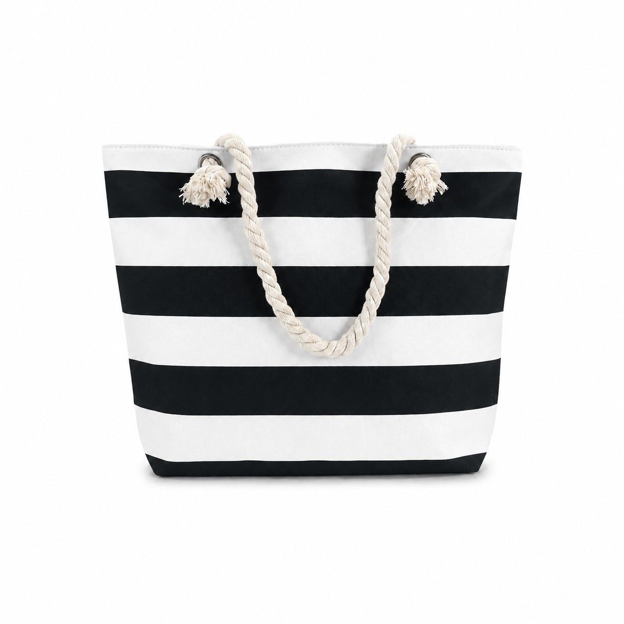 Striped Canvas Beach Tote Bag with Zip Closure and Rope Shoulder Handles