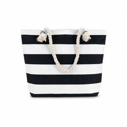 Striped Canvas Beach Tote Bag with Zip Closure and Rope Shoulder Handles
