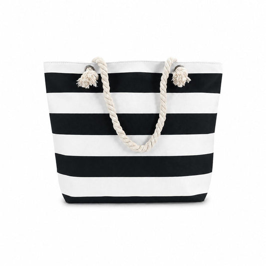 Striped Canvas Beach Tote Bag with Zip Closure and Rope Shoulder Handles
