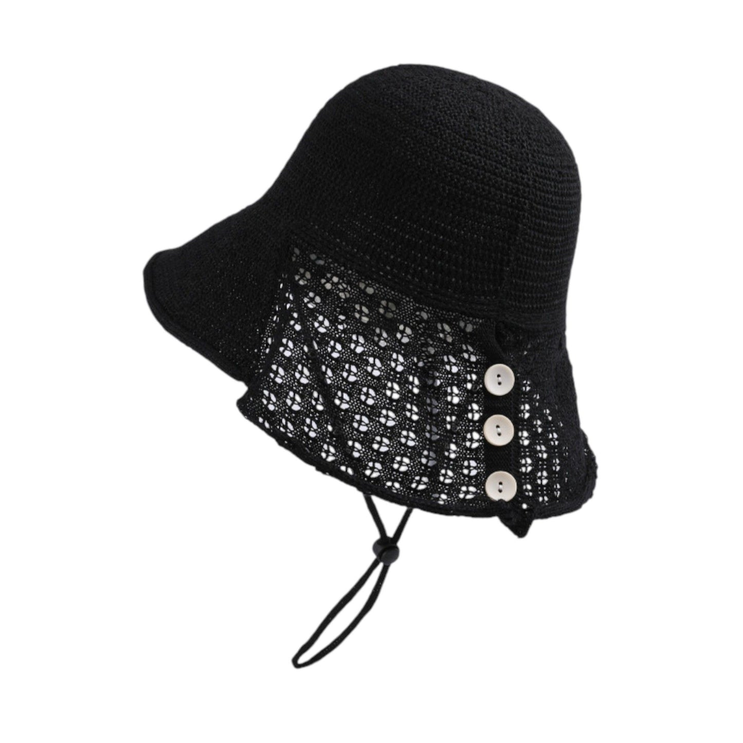 Crochet Bucket Hat with Adjustable Chin Strap and Back Button Eyelet Panel for Sun Protection