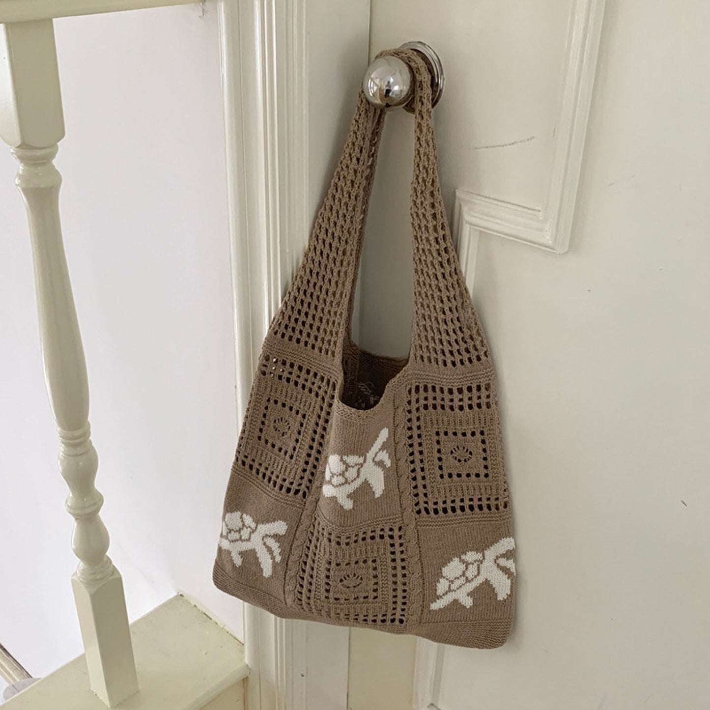 Knit Tote Bag Floral Pattern Shoulder Bag Open Top Casual Everyday Carry Handbag